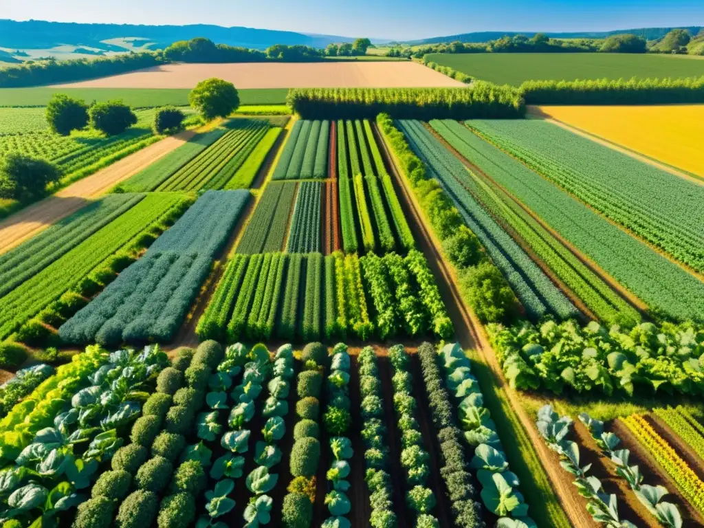 Cultivos orgánicos en armonía con la naturaleza, adaptaciones al cambio climático en una granja próspera y colorida bajo el sol