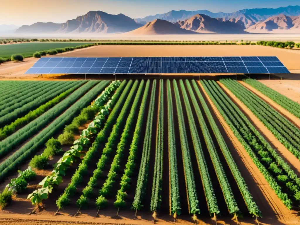 Cultivos orgánicos florecen en paisaje árido, con sistemas de riego y paneles solares, representa la agricultura sostenible en zonas secas