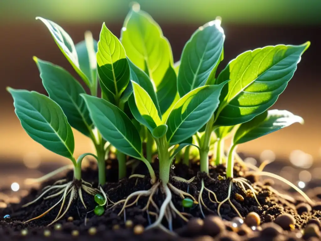 Biorremediación en cultivos orgánicos: plantas vibrantes en suelo orgánico, raíces intrincadas y hojas con gotas de agua reflejando la luz solar