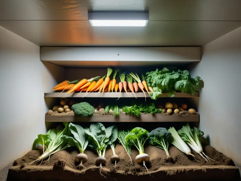 Innovación orgánica en cultivos subterráneos: una bodega llena de vegetales orgánicos iluminados por suave luz natural