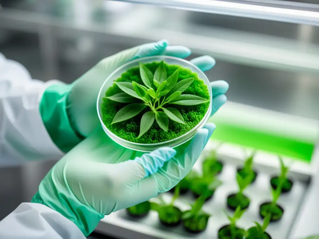 Cultivos de tejidos vegetales orgánicos: Crecimiento delicado en laboratorio, cuidado científico de brotes verdes en agar nutritivo