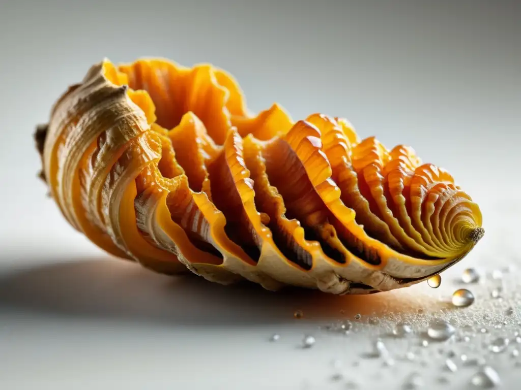 Raíz de cúrcuma naranja fresca, texturas orgánicas, gotas de agua sobre fondo blanco