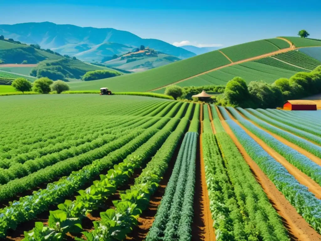 Curso de agricultura orgánica en una granja soleada, donde la naturaleza y la tecnología vanguardia se unen para crear un entorno idílico y productivo