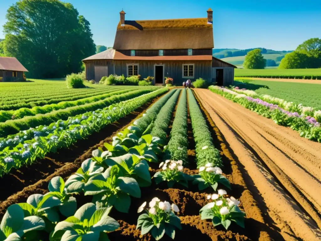 Cursos de agricultura orgánica para emprendimientos en una granja orgánica soleada, con cultivos y abejas entre flores silvestres