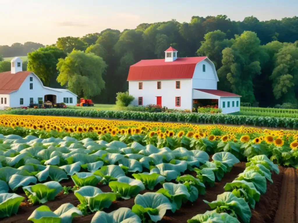 Cursos de agricultura orgánica: granja vibrante con cultivos variados, abejas y granja acogedora bajo cielo azul