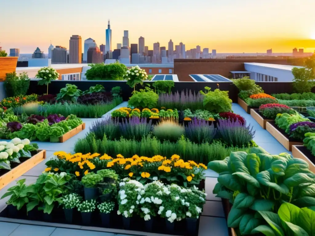 Cursos de agricultura orgánica urbana en un jardín urbano exuberante al atardecer, con vegetales orgánicos y flores coloridas