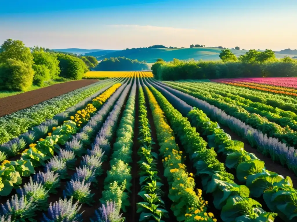 Cursos avanzados agricultura biodinámica: Un campo fértil y vibrante con hileras de vegetales coloridos bajo un cielo azul claro