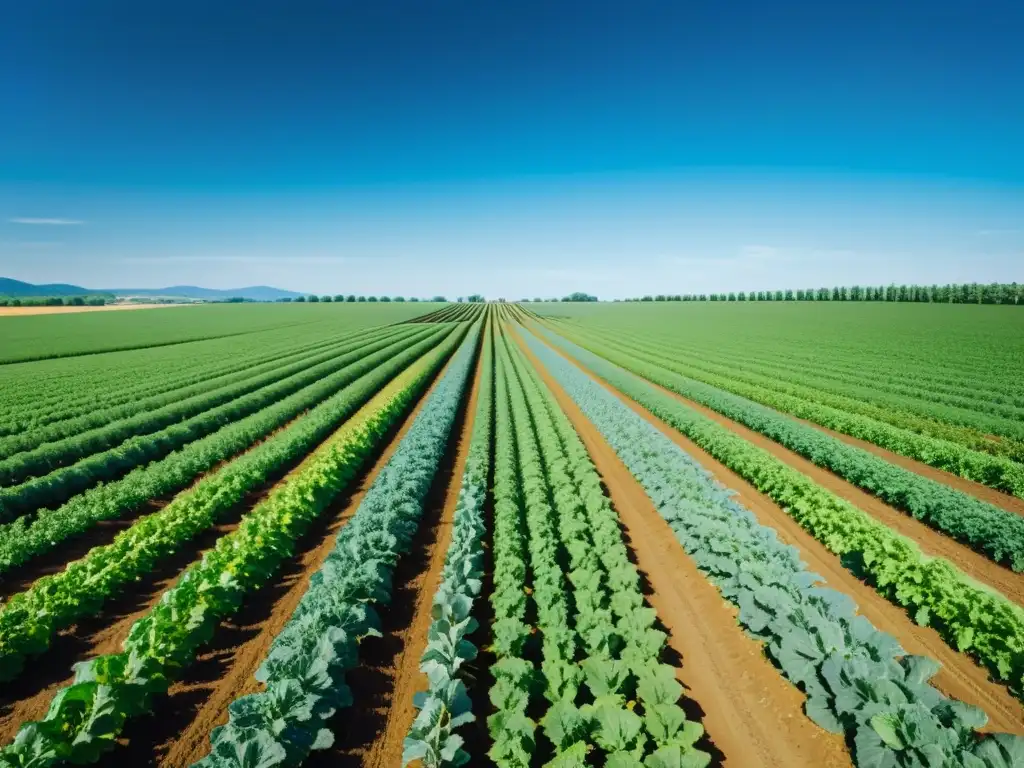 Cursos online agricultura orgánica: Imagen detallada de una granja moderna con cultivos ordenados y cielo azul