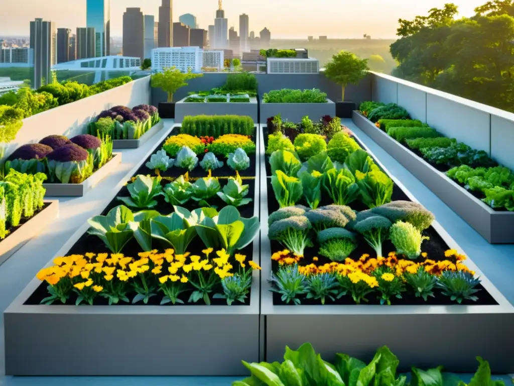 Cursos agricultura orgánica urbana en un jardín en la azotea con huertos y flores vibrantes, contrastando con la arquitectura urbana moderna alrededor