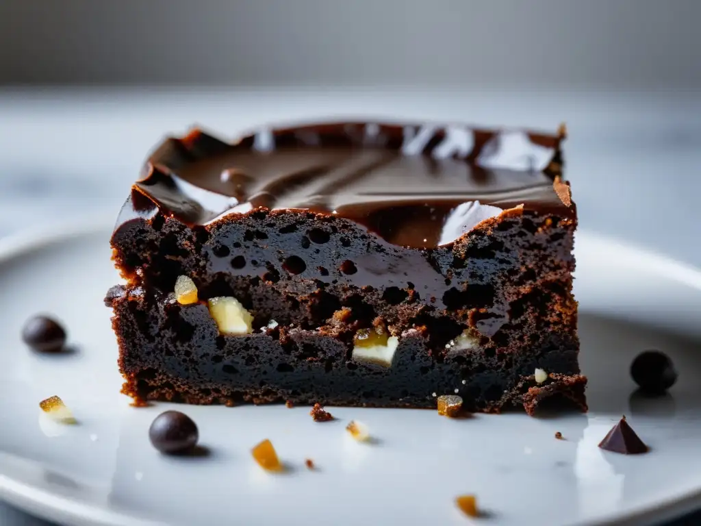 Un decadente brownie de chocolate orgánico natural, con textura húmeda y crujiente, salpicado con sal marina, sobre fondo blanco minimalista