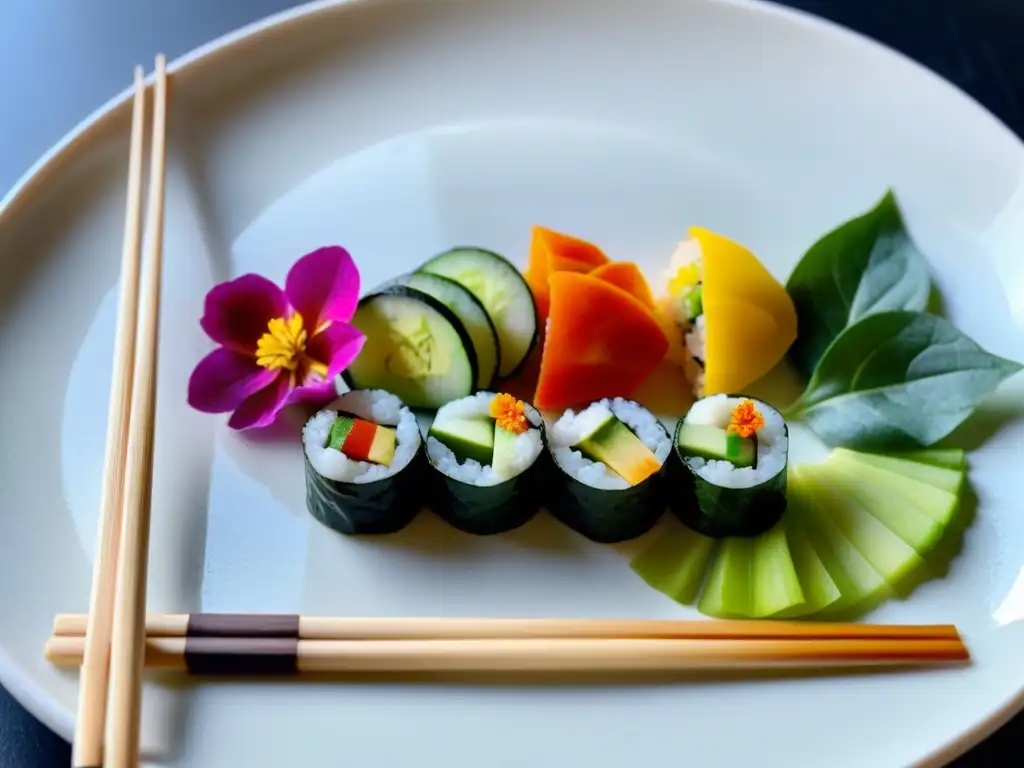 Delicado plato de sushi vegano con ingredientes orgánicos y presentación elegante