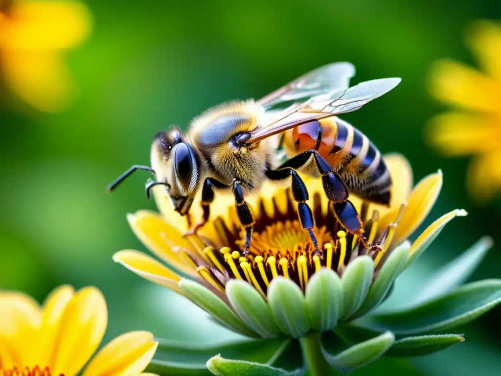 Un delicado polinizador, la abeja, descansa sobre una flor vibrante mientras está cubierta de polen