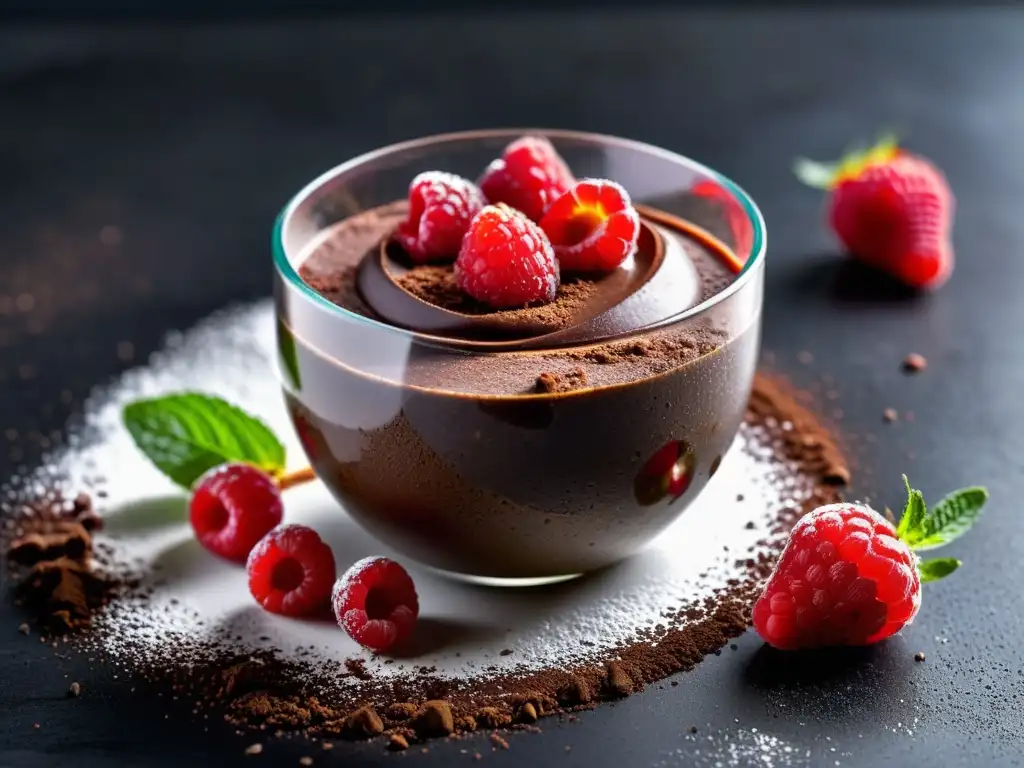 Deliciosa mousse de aguacate con chocolate, decorada con frambuesas frescas y cacao en polvo