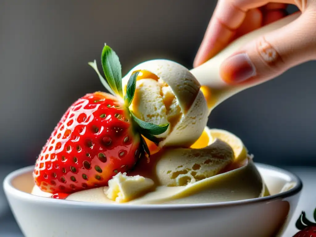 Una deliciosa bola de helado de vainilla orgánica con fresa, en un cono artesanal