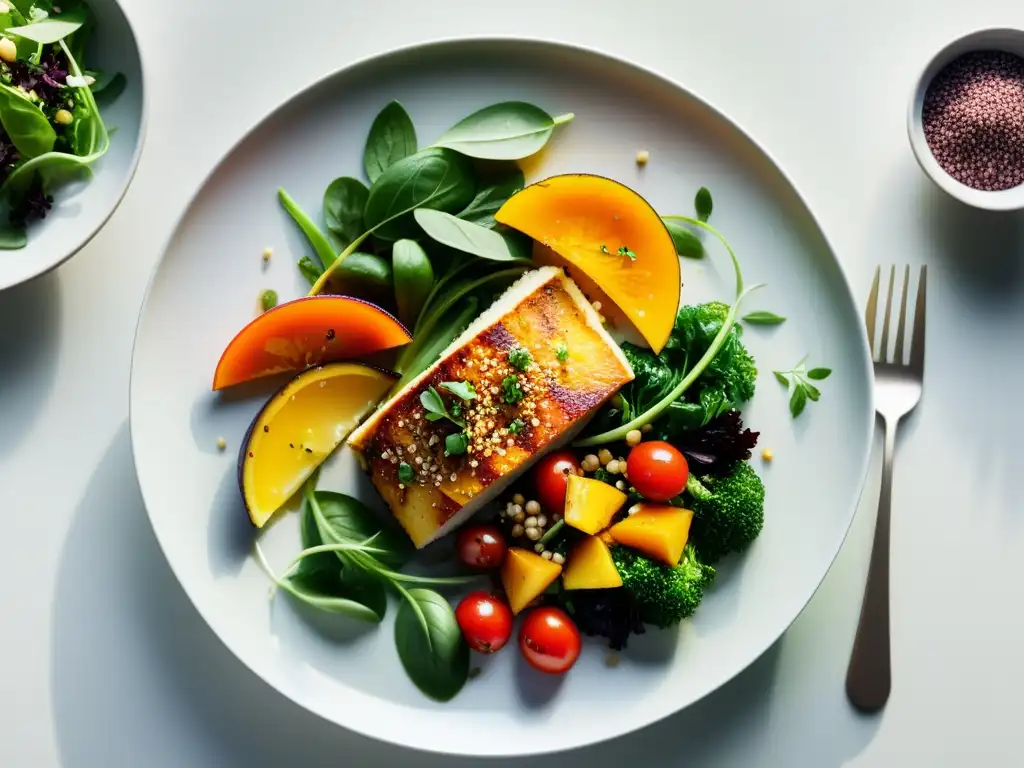 Deliciosa cena orgánica con vegetales asados, ensalada de quinoa y fresca ensalada verde