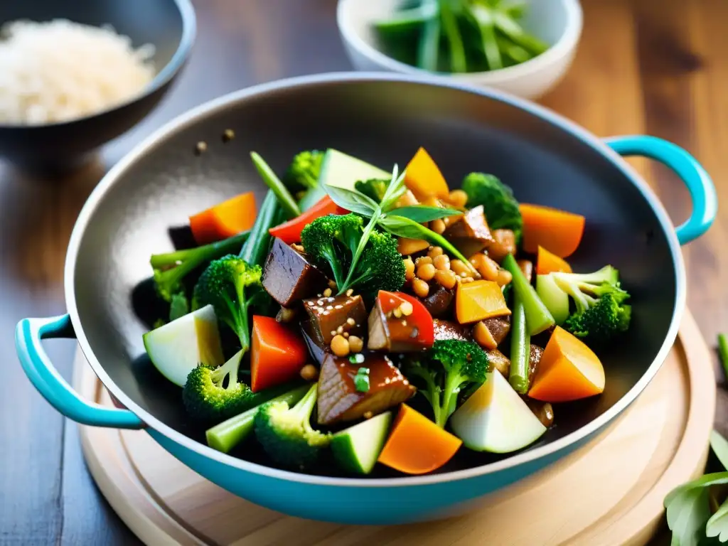 Una deliciosa cocina orgánica estilo chino con verduras vibrantes y proteína magra en un wok tradicional sobre una mesa de madera