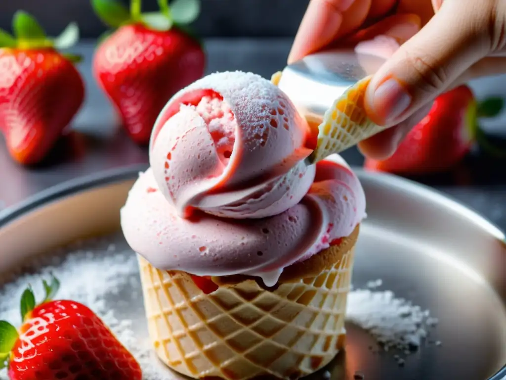 Una deliciosa y cremosa bola de helado de fresa orgánico sobre un cono perfectamente apilado