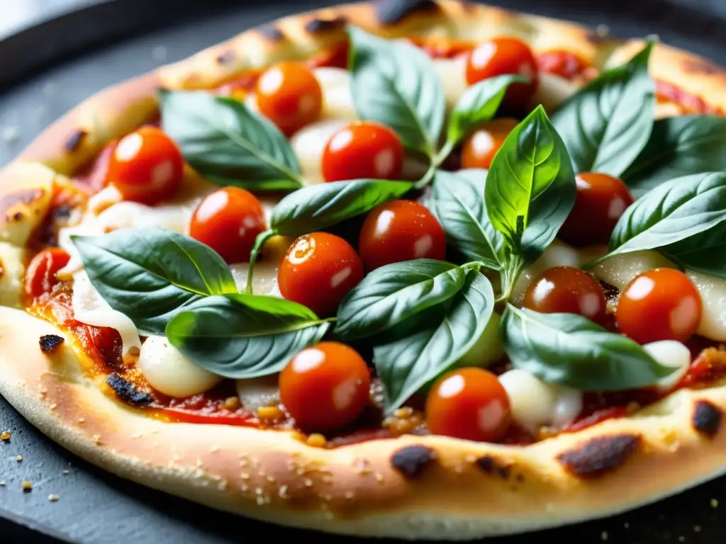 Una deliciosa y detallada imagen de una receta auténtica de pizza orgánica recién horneada en una elegante bandeja de piedra negra