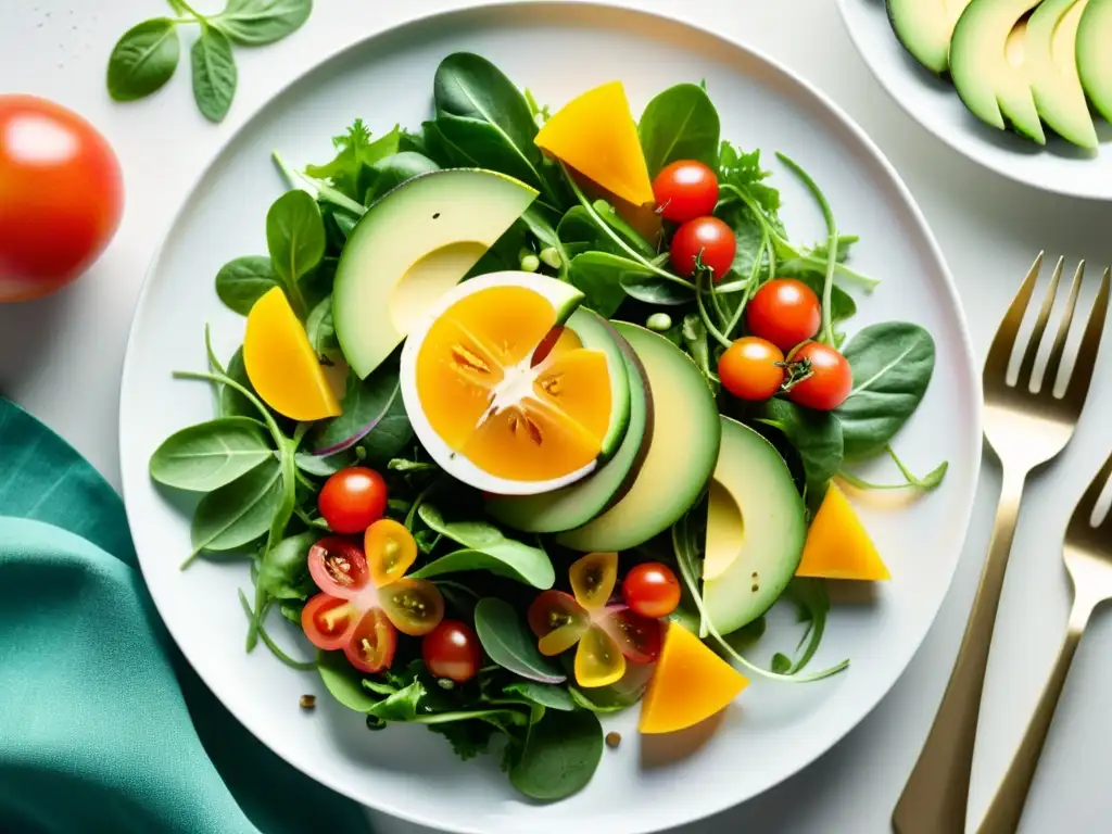 Una deliciosa ensalada orgánica con tomates, aguacate y vinagreta en un plato blanco