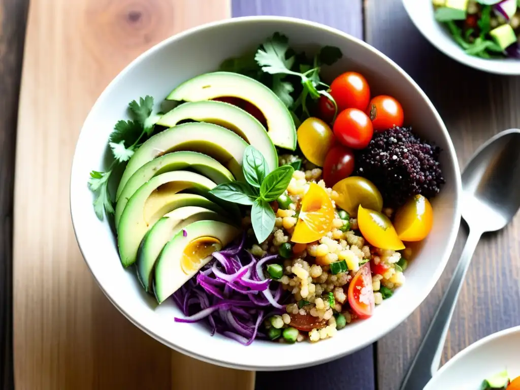 Deliciosa ensalada de quinua peruana orgánica con tomate, aguacate y cilantro en un elegante bol blanco sobre mesa de madera