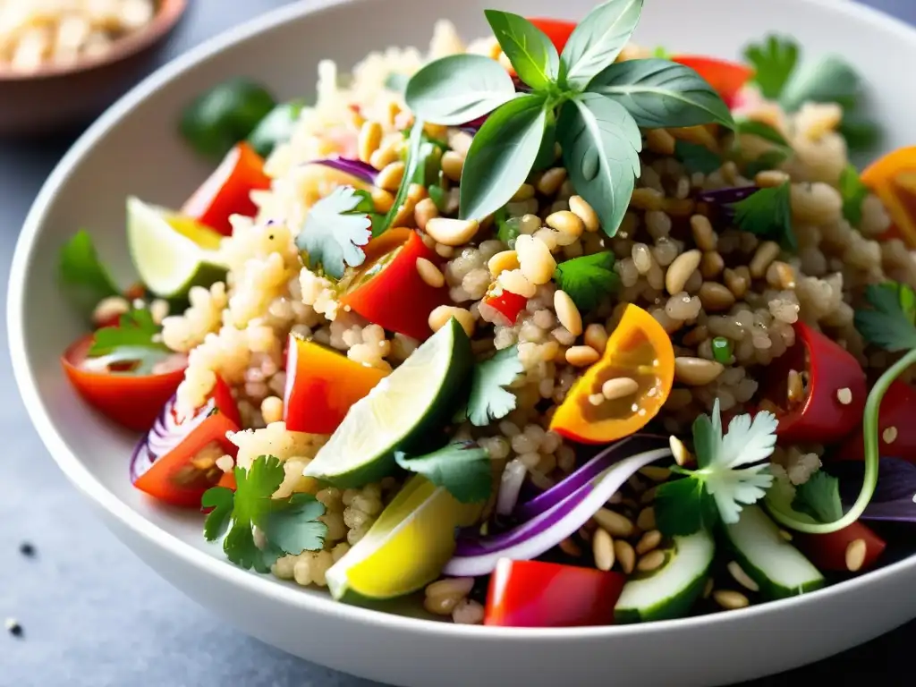 Una deliciosa Ensalada de quinoa orgánica tailandesa en un bol blanco sobre una superficie de madera, decorada con ingredientes frescos y coloridos