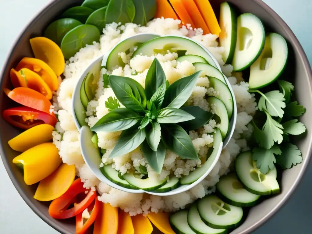 Una deliciosa ensalada de quinoa tailandesa, fresca y colorida, dispuesta en un elegante tazón sobre una superficie de madera moderna