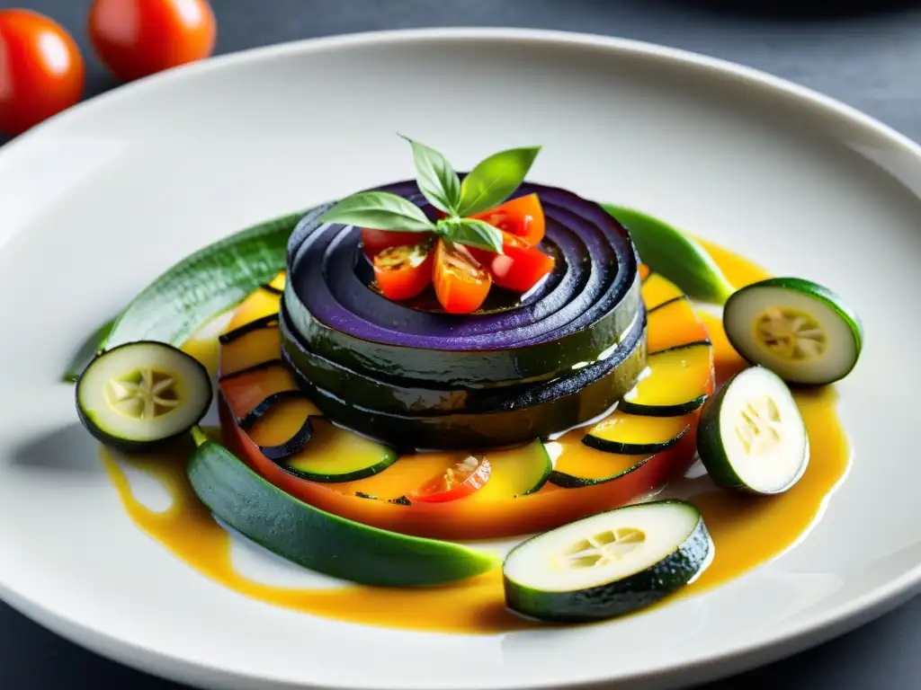 Una deliciosa Ratatouille, con finas capas de vegetales orgánicos y aceite de hierbas