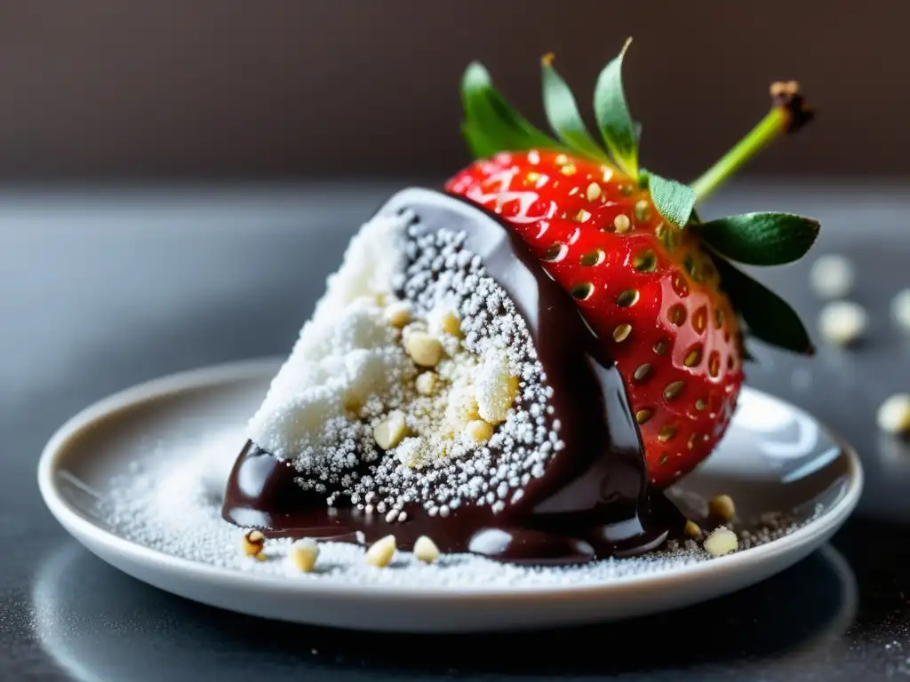 Deliciosa fresa orgánica sumergida en chocolate oscuro con nueces y azúcar en polvo