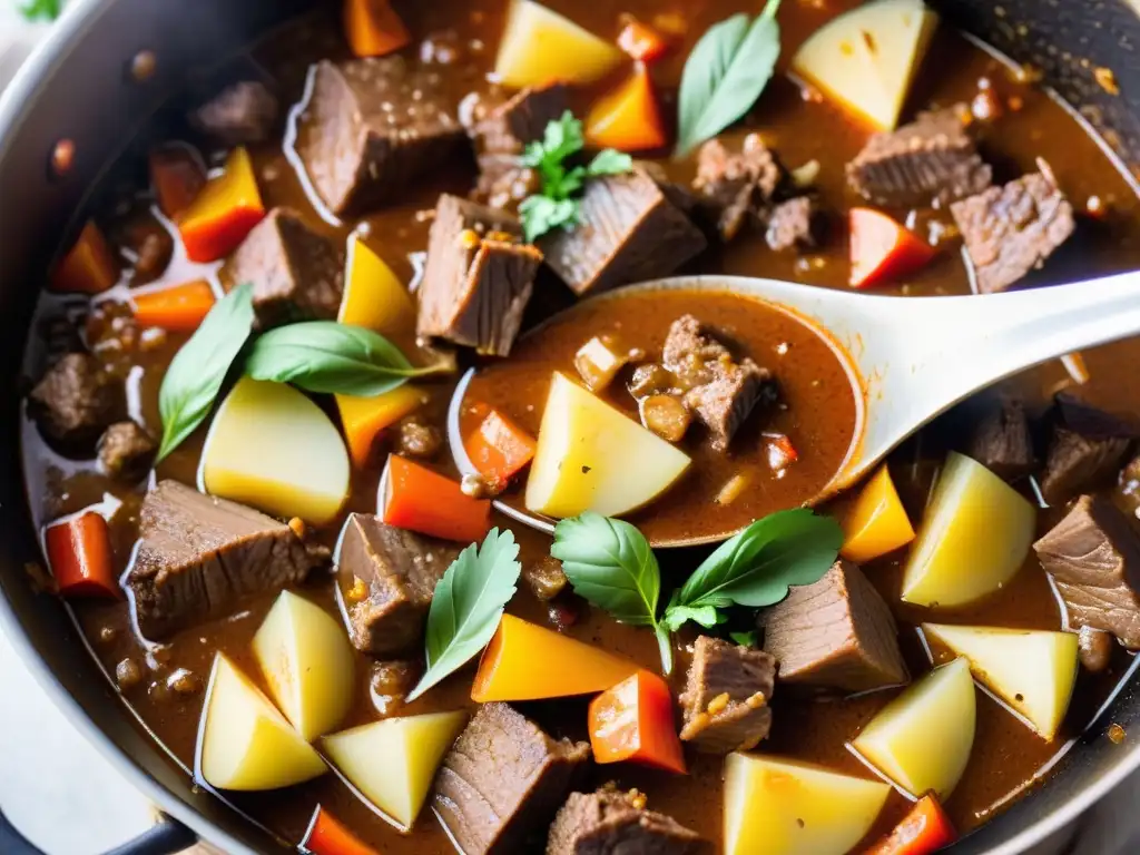 Deliciosa elaboración de goulash húngaro con carne orgánica y vegetales, humeante y colorida