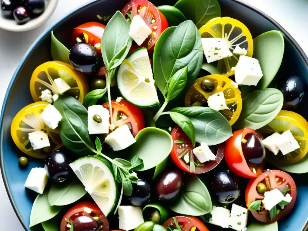 Deliciosa ensalada mediterránea orgánica con tomates, pepino, aceitunas Kalamata, queso feta y aceite de oliva, una explosión de frescura y sabor