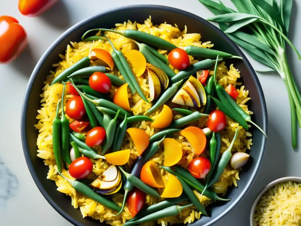 Sabrosa paella de vegetales frescos: una explosión de color y sabor Una deliciosa paella de verduras orgánicas con arroz dorado y vapor aromático