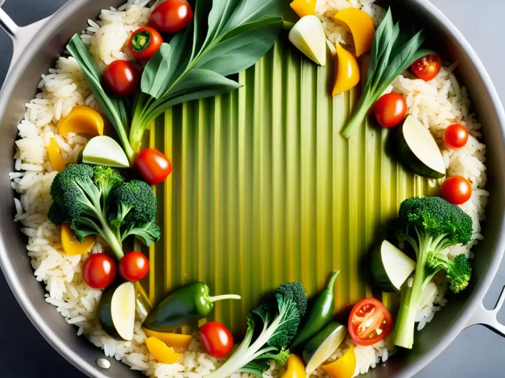 Paella Orgánica: Explosión de Color y Sabor Una deliciosa paella de verduras orgánicas con arroz esponjoso y aroma de azafrán