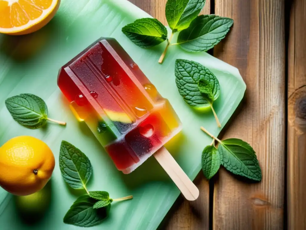 Deliciosa paleta de frutas orgánicas casera en madera rústica con ingredientes frescos