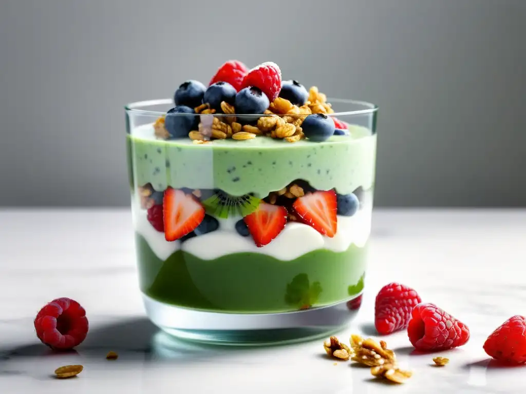 Deliciosa parfait de yogur probiótico orgánico, con granola y bayas frescas, evocando beneficios probióticos orgánicos para la salud mental