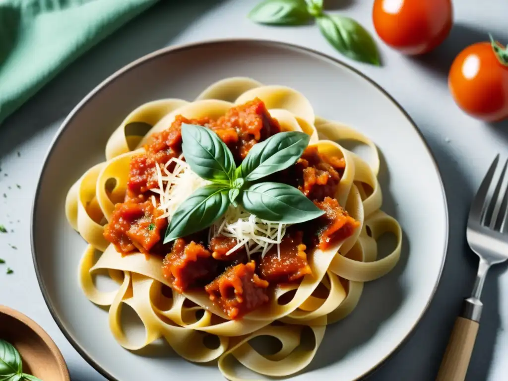 Deliciosa pasta orgánica casera con salsa de tomate vibrante, hojas de albahaca fresca y queso parmesano rallado