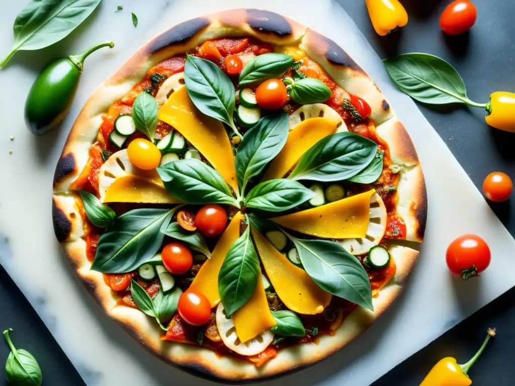 Deliciosa pizza orgánica saludable con ingredientes frescos y coloridos, resaltando su belleza natural y calidad artesanal