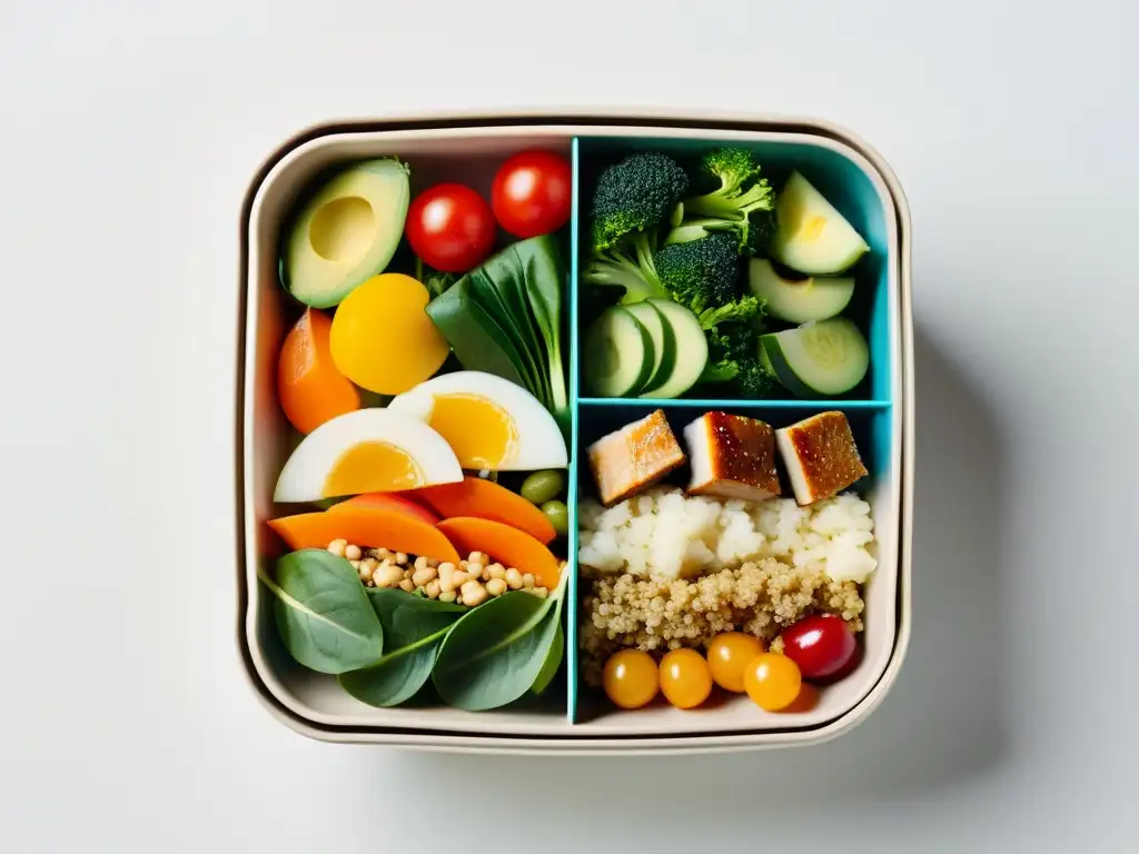 Deliciosa receta de almuerzo orgánico y saludable para la oficina: bento box con quinoa, ensalada, verduras y proteína magra