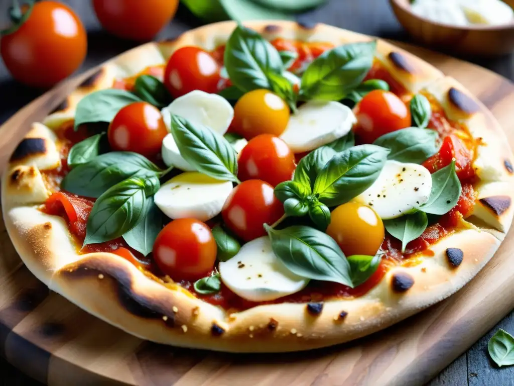 Una deliciosa receta auténtica de pizza orgánica italiana con ingredientes frescos y vibrantes sobre una rústica tabla de madera