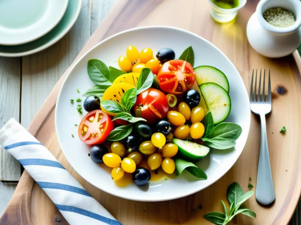 Deliciosa receta de cocina mediterránea orgánica con colorida ensalada de tomate, pepino, aceitunas y hierbas frescas en plato blanco sobre mesa de madera