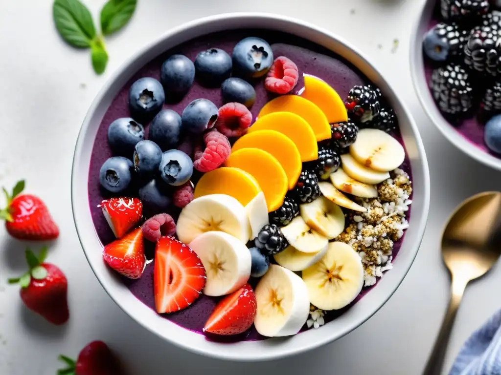 Deliciosa receta de desayuno: tazón de acai con bayas frescas, semillas de chía y coco, sobre fondo blanco, resaltando su energía orgánica