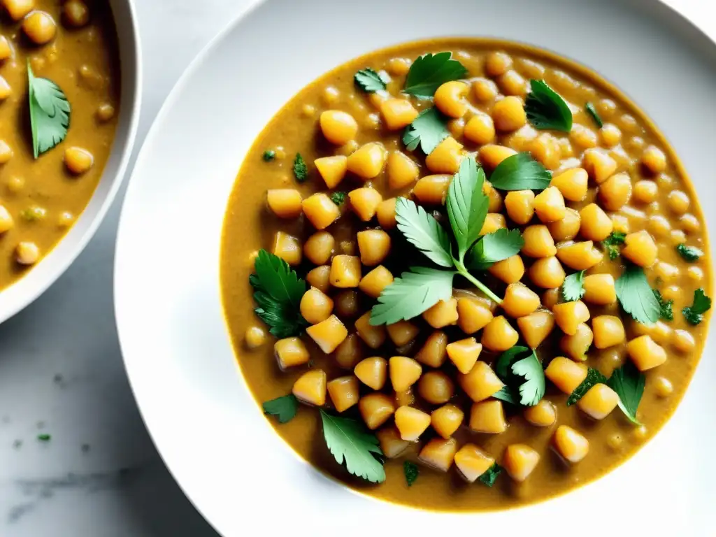 Deliciosa receta internacional con legumbres orgánicas: curry de garbanzos vibrante y tentador sobre fondo blanco minimalista