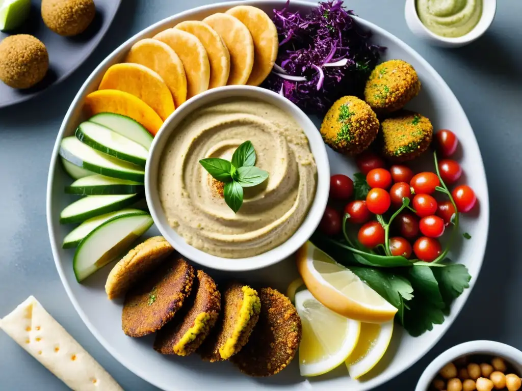 Deliciosa receta orgánica de hummus y falafel con vibrantes colores y texturas detalladas, exudando frescura y bondad orgánica