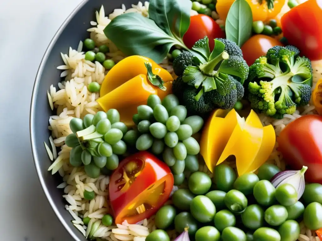 Deliciosa paella de vegetales orgánicos Una deliciosa receta de paella con verduras orgánicas, bellamente dispuestas en una sartén vibrante