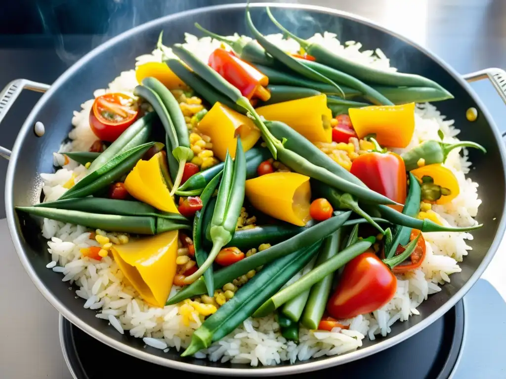 Deliciosa paella de vegetales orgánicos Una deliciosa receta de paella con verduras orgánicas cocinándose al aire libre en un sartén grande, con colores vibrantes y aromas tentadores