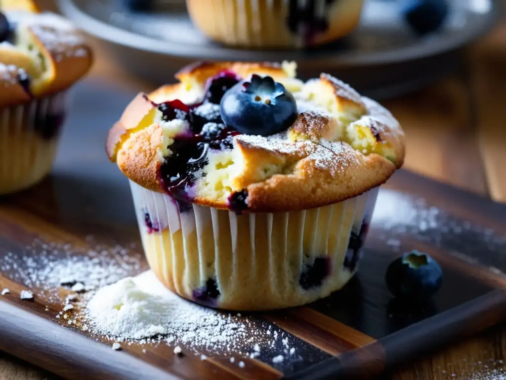 Deliciosa receta de repostería orgánica saludable: Muffin de arándanos recién horneado sobre tabla de madera