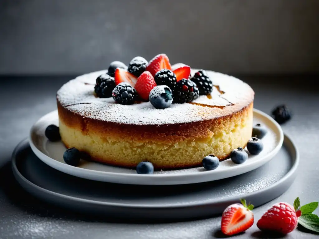 Deliciosa receta de repostería orgánica saludable: pastel de harina de almendra y aceite de coco, con bayas frescas y azúcar glas