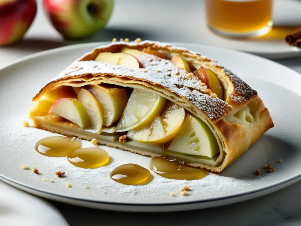 Deliciosa receta strudel manzanas orgánicas: capas de hojaldre, manzanas, canela y miel en un plato blanco con fondo moderno, iluminado suavemente