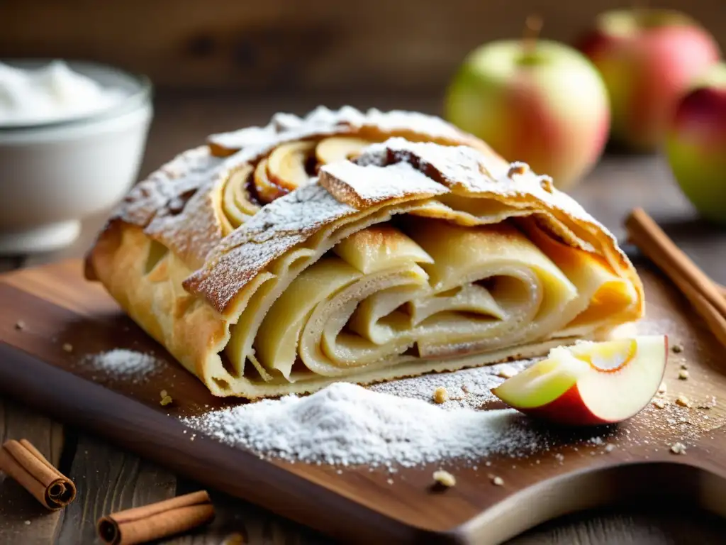 Deliciosa receta strudel manzanas orgánicas, con hojaldre dorado y manzanas especiadas, presentada sobre tabla rústica