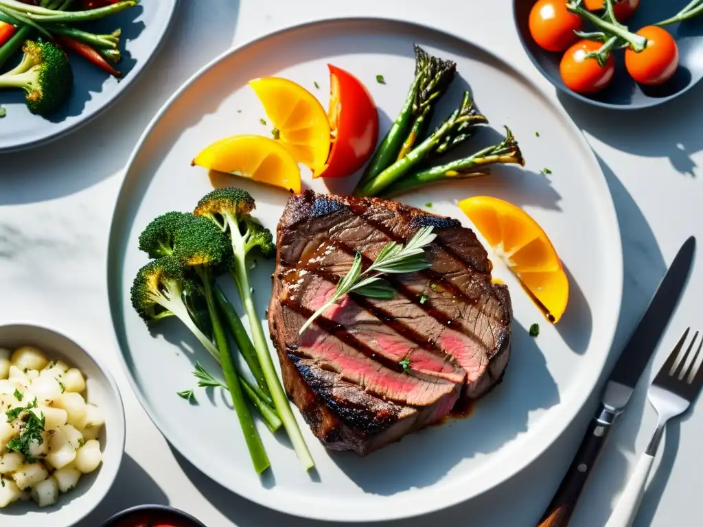 Una deliciosa y saludable receta con carne orgánica: steak a la parrilla con hierbas frescas y verduras asadas, en un plato moderno y elegante
