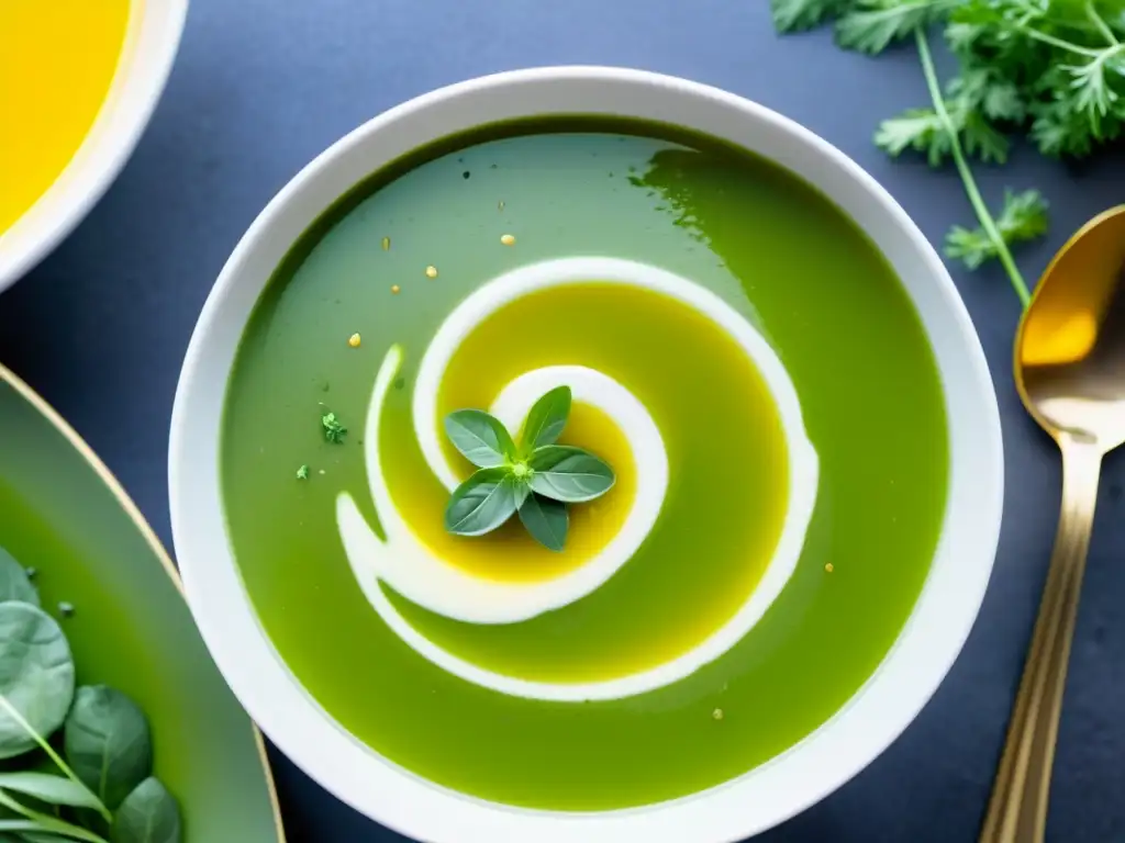 Una deliciosa sopa detox orgánica y natural, con un vibrante color verde, decorada con hierbas frescas y aceite de oliva dorado en un tazón blanco